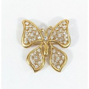 Butterfly Shaped Brooch White Rhinestones Gold Toned - Signed Monet